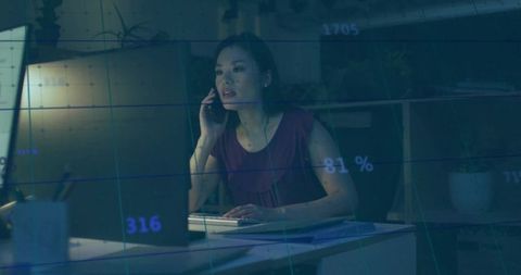 Asian Analyst Analyzing Data at Workplace Skyline Interface