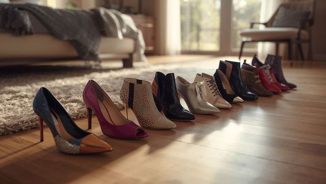 Elegant women's shoes displayed on wooden bedroom floor interior