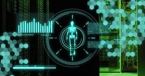 Futuristic data interface within high-tech server room