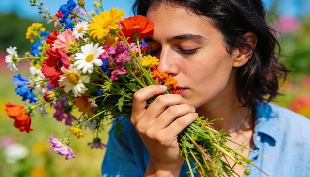 Woman smelling wildflower bouquet in sunlit meadow, daisies poppies close-up portrait