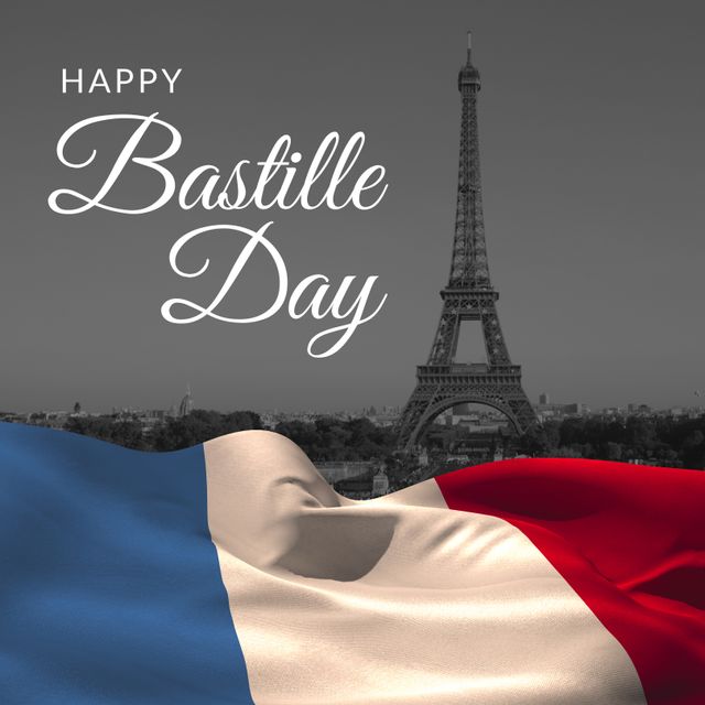 Composite of happy bastille day text with national flag of france against eiffel tower and clear sky. city, copy space, national flag, tower, patriotism, freedom, revolution and celebration concept.