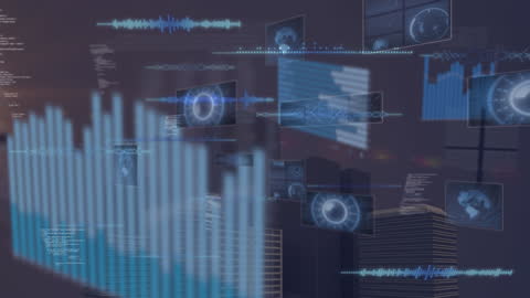 Futuristic Interface with Scanners Over Skyline