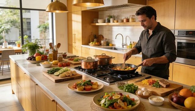 Man stirring vegetables on marble island in modern kitchen with fresh produce