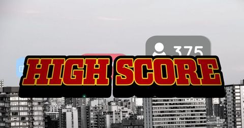 High score text overlaying urban cityscape with social media icons