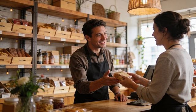 Smiling clerk handing wrapped pastry to customer at warm wooden artisanal bakery counter