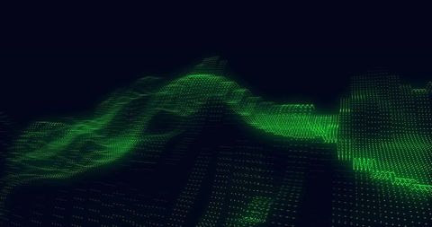 Neon Green Digital Waveform of Dots Forming Undulating Data Grid for Tech Backgrounds