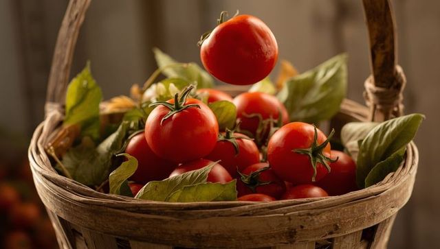 Rustic Basket Overflowing with Fresh Red Tomatoes and Green Leaves