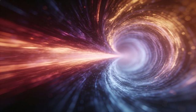 Spiral wormhole tunnel drawing radiant light streaks toward luminous core in deep space