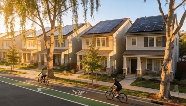 Two cyclists riding on green bike lane past solar-powered suburban homes at golden hour