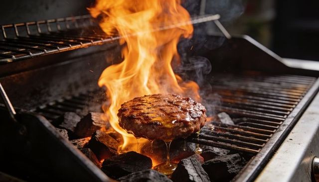 Flame-kissed cheesy burger patty dripping juices over charcoal grill grate
