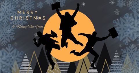 Festive Celebration with Jumping Businessmen and Christmas Greetings