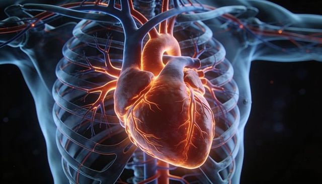 Glowing photoreal human heart within transparent rib cage highlighting coronary arteries