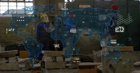 Technicians Analyzing Holographic Map for Global Innovation