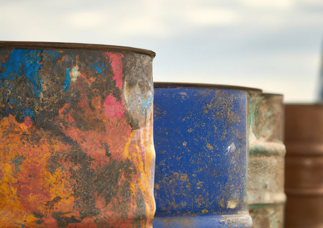 Several old and rusted oil drums with colorful paint remnants stand in an industrial area. Their weathered and rusty appearance suggests long-term use. This imagery can be used to signify industrial decline, environmental impact, or artistic depictions of decay and aging in urban explorations.