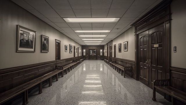 Leading Courthouse Corridor with Wooden Benches and Portraits Drawing Eye to Double Doors Monochrome