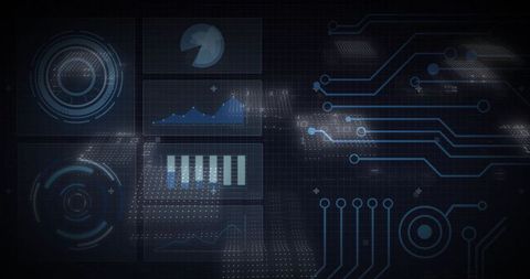 Futuristic Holographic Data Dashboard Displaying Blue Neon Analytics and Circuitry Interface