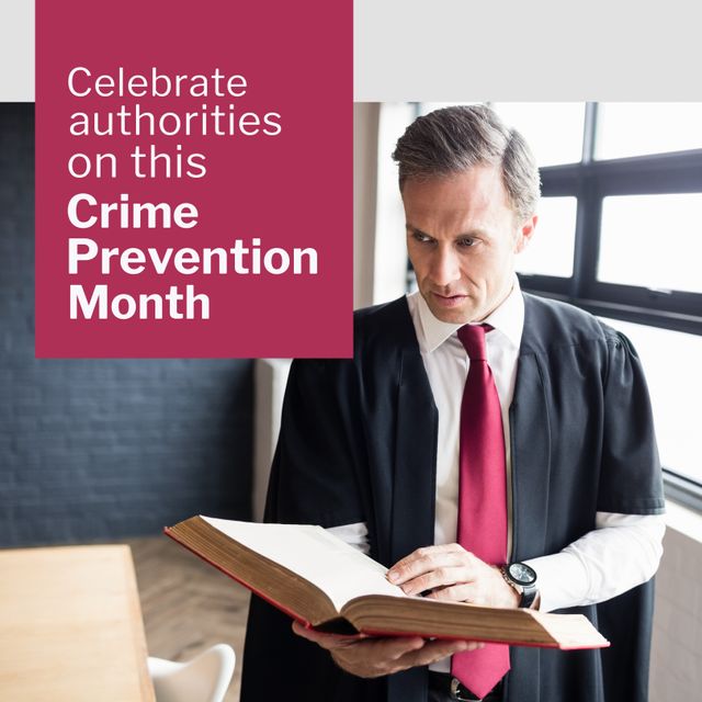 This stock photo captures a male lawyer engrossed in a law book, emphasizing the theme of Crime Prevention Month. Perfect for campaigns promoting legal awareness, justice system, crime prevention initiatives, or educational materials about law enforcement and legal practice.
