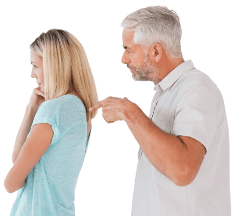 Transparent background of older couple arguing with emphasis on man's anger