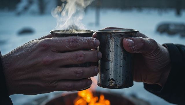 Clinking rustic metal mugs over campfire in snowy winter campsite, warmth and togetherness