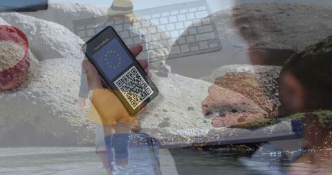 Blending digital connection with peaceful beach scene