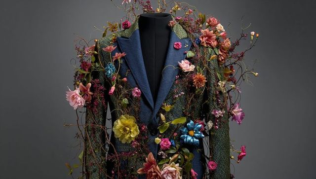 Botanical tweed blazer with navy lapels entwined in floral vines for fashion editorial