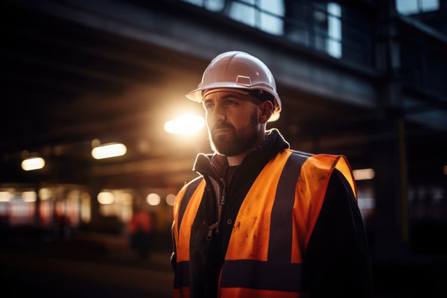 Construction worker wearing safety gear standing in an industrial environment during dusk. Useful for themes on construction, industrial work, safety procedures, urban engineering, employment, professionalism. Great for blogs, promotional materials, websites related to construction industry, safety equipment suppliers, urban development firms.