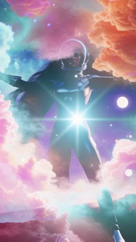 Astronaut Spreading Arms Amid Vivid Nebula as Starburst Reveals Glowing Orb — Vertical Video