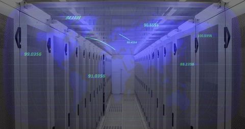 Blue-lit server rack aisle leading to vanishing point with holographic telemetry overlays