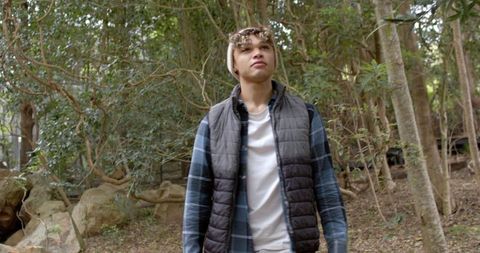 Man Discovering Tranquil Woodland Scene on Scenic Trail