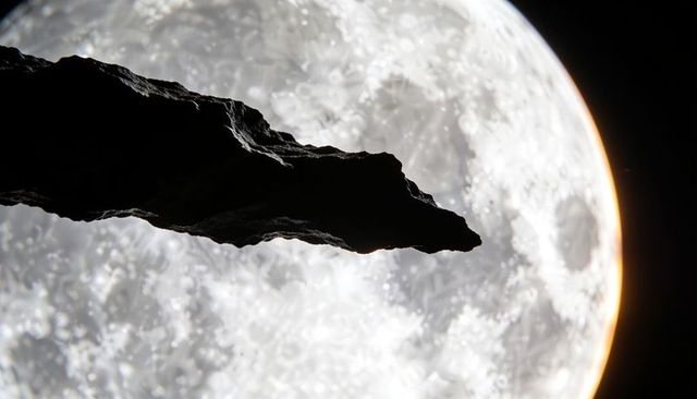 Jagged rock silhouette stretching across full moon backlight, dramatic lunar contrast