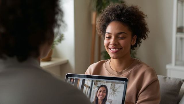 Curly-haired woman smiling and chatting on laptop during remote meeting in living room