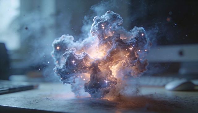 Glowing nebula cloud hovering above desk with keyboard and mouse, ethereal cosmic energy