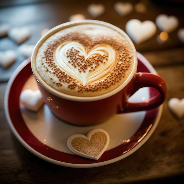 Heart-shaped latte art on coffee in a red mug placed on a wooden table. Heart-shaped cookies complete the romantic presentation, perfect for showcasing cafe themes, beverage advertising, or Valentine's Day promotions.