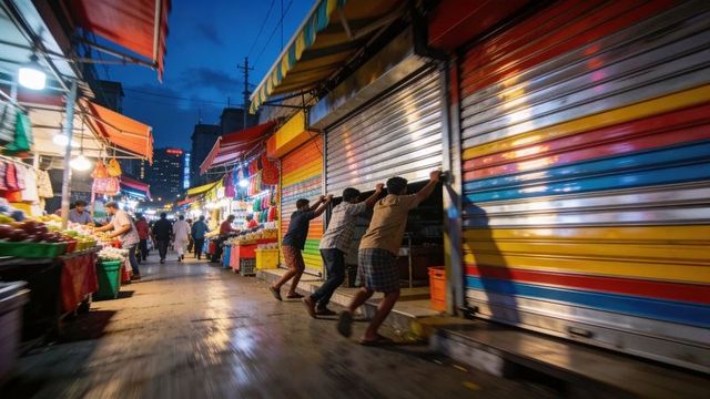 Vendors pushing rolling shutters at colorful street market closing time urban night scene
