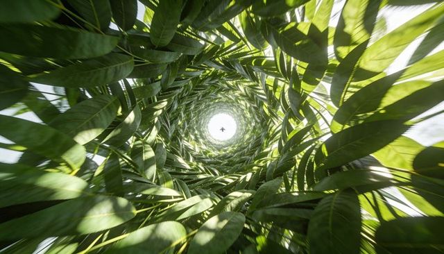 Spiral canopy tunnel of sunlit green leaves drawing eye upward, lush vertical foliage
