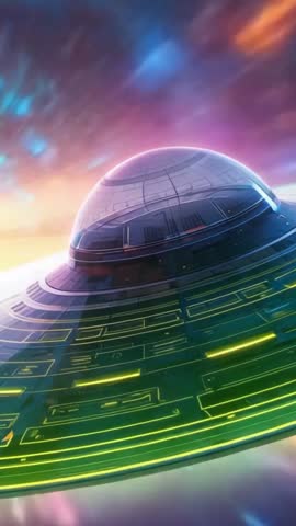 Vertical sci-fi saucer gliding through nebula with pulsing neon circuits powering up