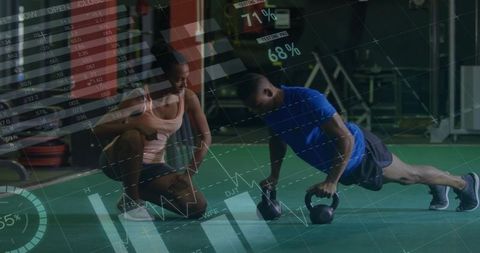 Personal Trainer Supporting Client with Kettlebell Push-Ups