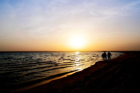 Friends walking by beach, sunset silhouette