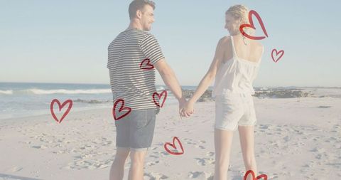 Romantic couple walking on beach with heart illustrations