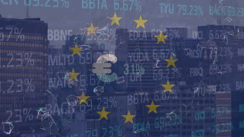 Euro Symbol and EU Flag Overlay on Stock Exchange Data
