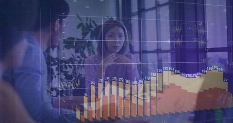 Asian business leader presenting with augmented 3d analytics, leading collaborative meeting