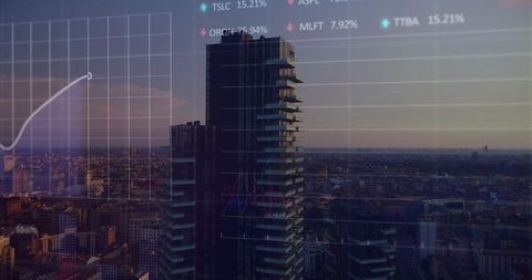 City skyline blending modern stepped skyscraper with financial data overlay at dusk
