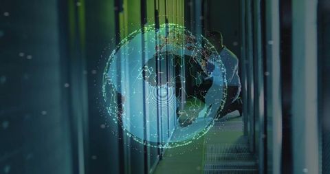 Holographic globe hovering over data center aisle revealing global network with technician crouching
