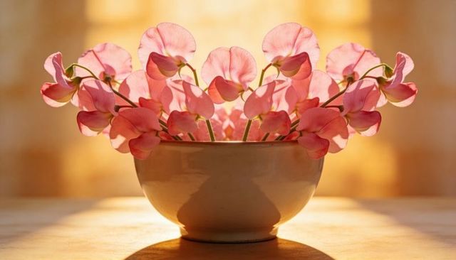 Sunlit pink sweet pea blooms in cream ceramic bowl on wooden tabletop, warm glow