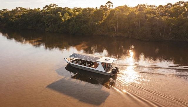 Solar-powered river eco-tour boat cruising tropical rainforest canopy at golden hour