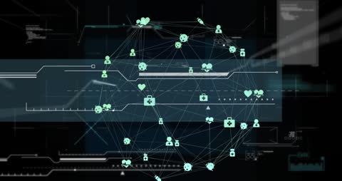 Digital Network with Medical Icons on Black Futuristic Interface