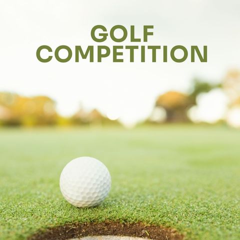 Golf ball near hole with golf competition text