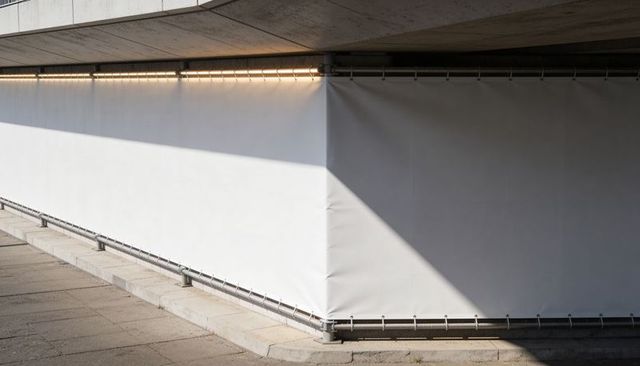 Minimalist white fabric banner wrapping concrete corner under overhang with sharp shadow