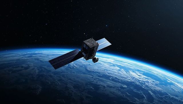 Cube satellite with solar panels orbiting earth in deep space