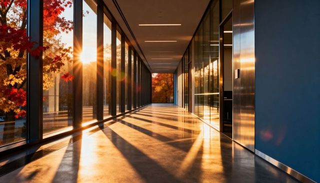 Sunlit Modern Glass Corridor with Autumn Foliage Reflections and Dramatic Long Shadows